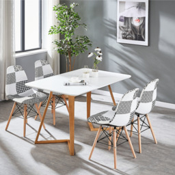 Black/White Patchwork Modern Dining Chair with Wooden Legs & Black Metal Wire Frame - thumbnail 3