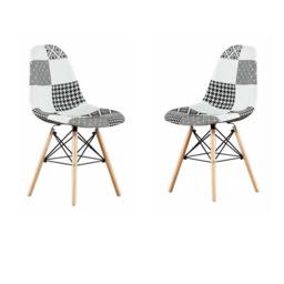 Black/White Patchwork Modern Dining Chair with Wooden Legs & Black Metal Wire Frame - thumbnail 4