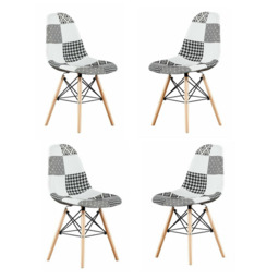 Black/White Patchwork Modern Dining Chair with Wooden Legs & Black Metal Wire Frame - thumbnail 6