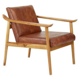 Kendari Brown Leather with Natural Teak Wood Armchair - thumbnail 3