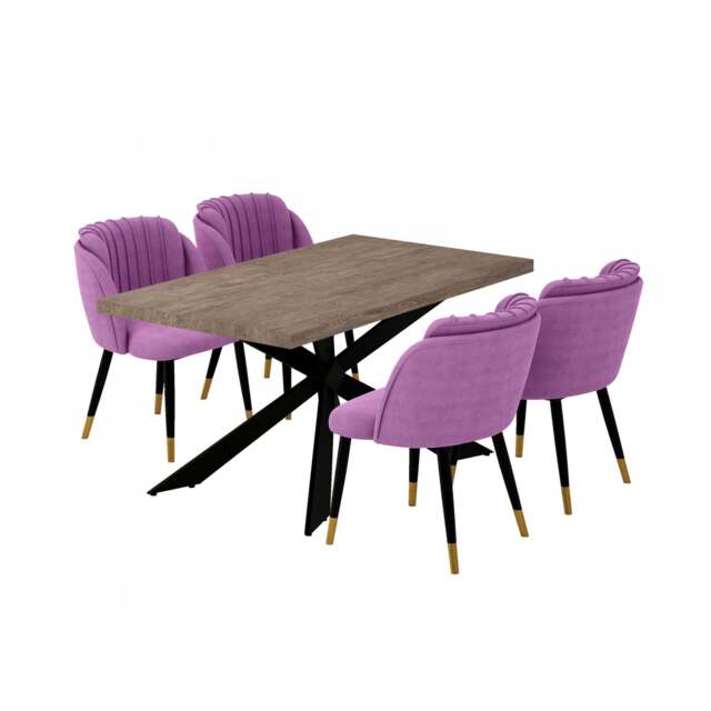 Milano Duke LUX Dining Set - a Walnut Dining Table & 4 Velvet Dining Chairs with Gold End Caps - Purple