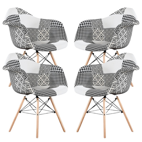Set of 4 Black/White Patchwork Accent Chairs with Wooden Legs and Black Metal Wire Frame