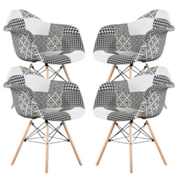 Set of 4 Black/White Patchwork Accent Chairs with Wooden Legs and Black Metal Wire Frame