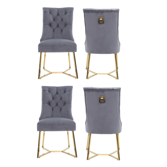 Ambra Velvet Dining Chair – Tufted Luxury Accent with Gold Legs & Ring Pull - Gray / Set of 4