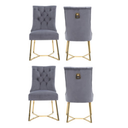 Ambra Velvet Dining Chair – Tufted Luxury Accent with Gold Legs & Ring Pull - Gray / Set of 4