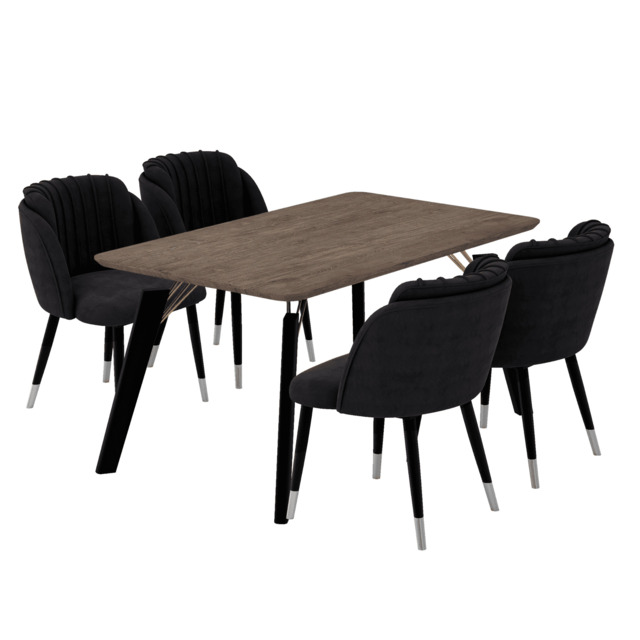 Milano Cosmo LUX Dining Set - a Walnut Dining Table & 4 Dining Chairs with Silver End Caps - Black