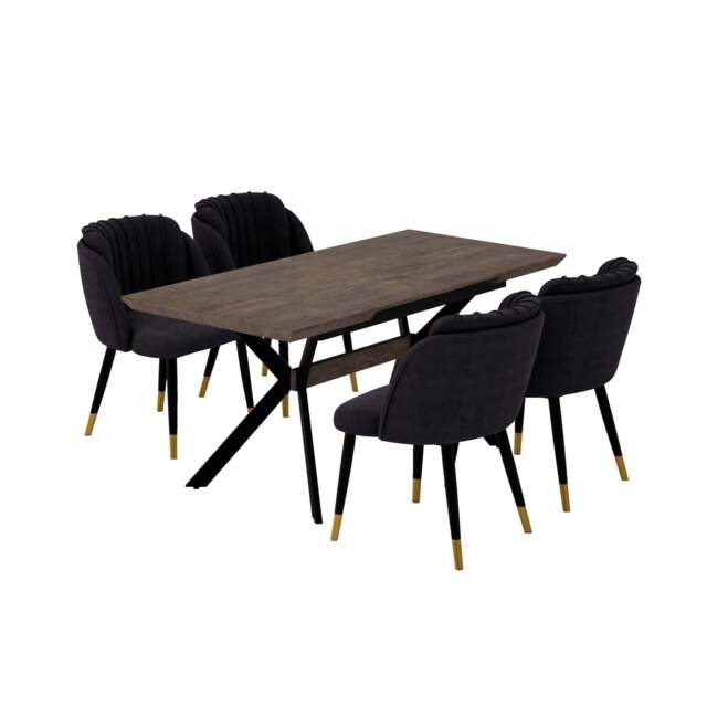 Milano Blaze LUX Extendable Dining Set - a Walnut Extendable Dining Table & 4 Velvet Dining Chairs with Gold End Caps - Black