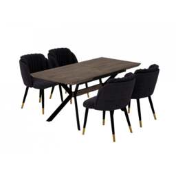 Milano Blaze LUX Extendable Dining Set - a Walnut Extendable Dining Table & 4 Velvet Dining Chairs with Gold End Caps - Black