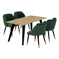 Milano Rocco Duke LUX Dining Set - a Oak Dining Table & 4 Velvet Dining Chairs with Silver End Caps - Green