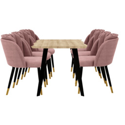 Milano Rocco Duke LUX Dining Set - a Oak Dining Table & 6 Velvet Dining Chairs with Gold End Caps - Pink