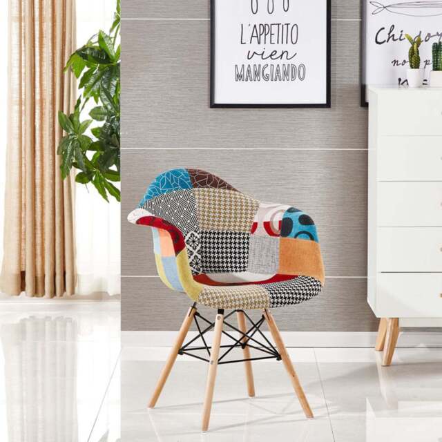 Patchwork Eiffel Tub Chair Fabric Upholstery - Wooden Legs with Metal Frame - image 1
