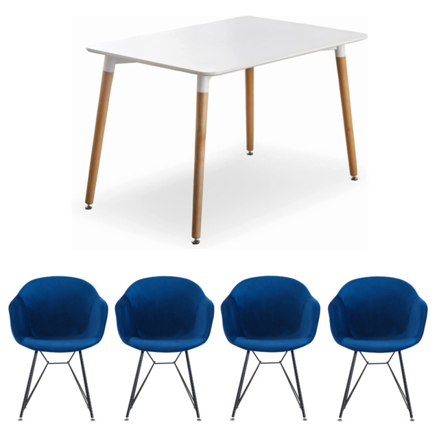 Valentina Halo White Dining Set with 4 Velvet Chairs - Royal Blue
