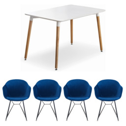 Valentina Halo White Dining Set with 4 Velvet Chairs - Royal Blue