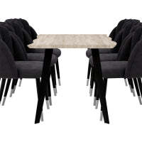 Milano Duke LUX Dining Set - a Light Walunt Dining Table & 6 Velvet Dining Chairs with Silver End Caps - Black