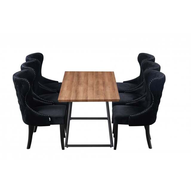 Toga Mayfair LUX Dining Table Set - Toga Extendable Walnut Dining Table w/ a Set of 6 Mayfair LUX Velvet Dining Chairs - Black