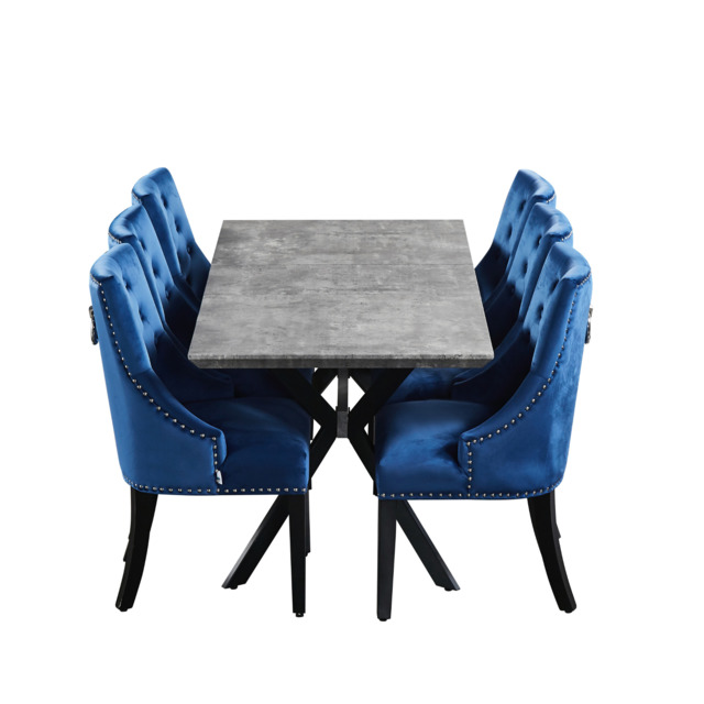 7PCs Dining Set - an Ash Black Blaze LUX Extendable Table & Set of 6 Blue Windsor Chair