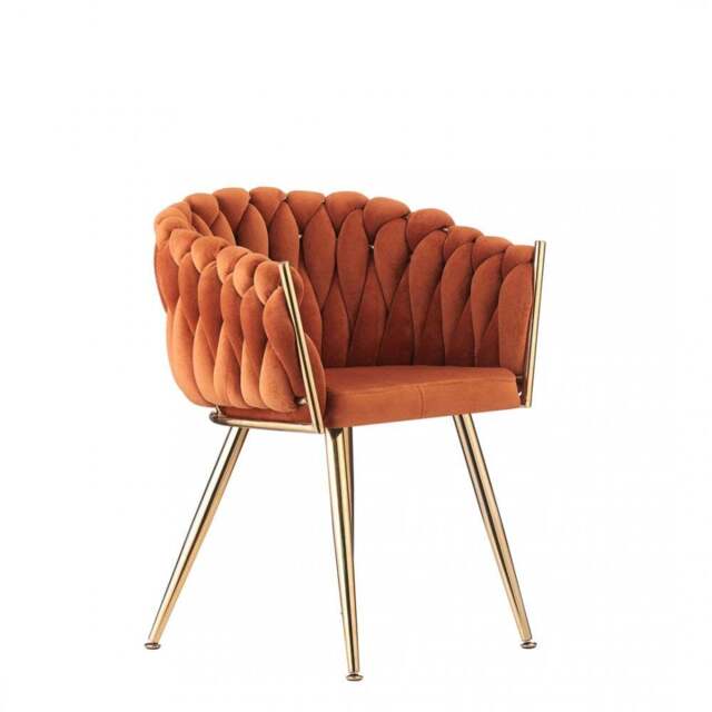 Roma Knot LUX Velvet Dining Chair - Plush Upholstery with Gold Frame - Orange / Single