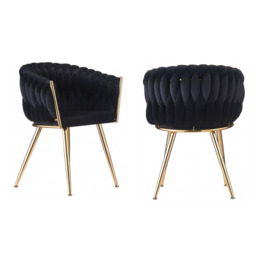 Roma Knot LUX Velvet Dining Chair - Plush Upholstery with Gold Frame - Black / Set of 2