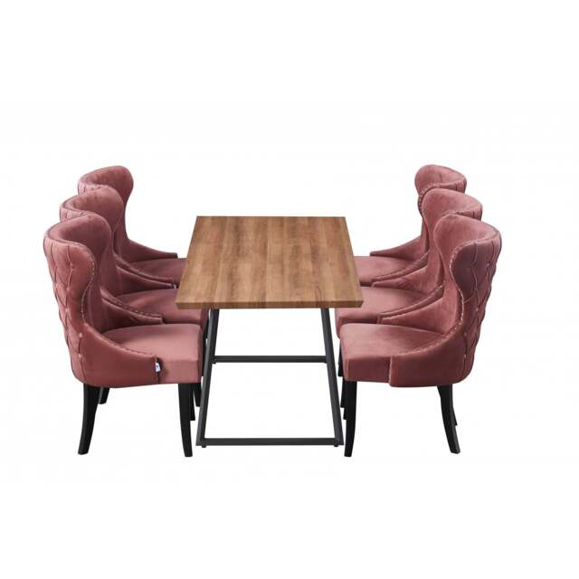 Toga Mayfair LUX Dining Table Set - Toga Extendable Walnut Dining Table w/ a Set of 6 Mayfair LUX Velvet Dining Chairs - Pink