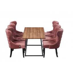Toga Mayfair LUX Dining Table Set - Toga Extendable Walnut Dining Table w/ a Set of 6 Mayfair LUX Velvet Dining Chairs - Pink