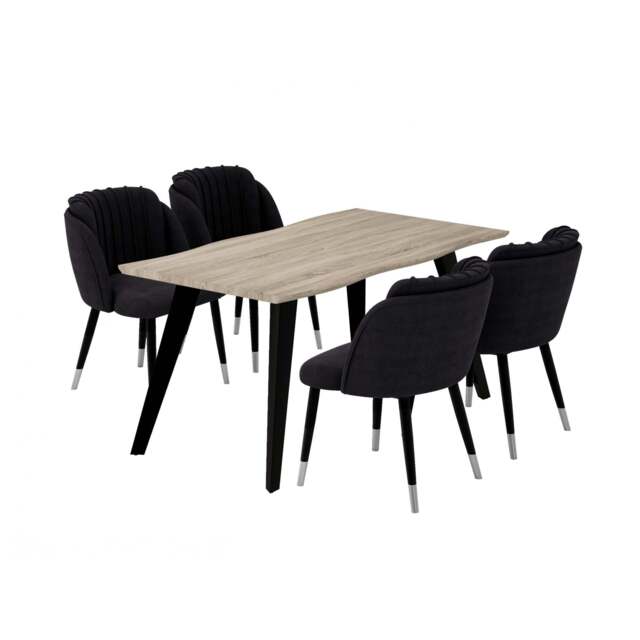 Milano Duke LUX Dining Set - a Light Walunt Dining Table & 4 Velvet Dining Chairs with Silver End Caps - Black