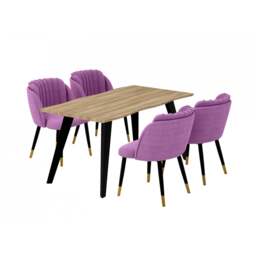Milano Rocco Duke LUX Dining Set - a Oak Dining Table & 4 Velvet Dining Chairs with Gold End Caps - Purple