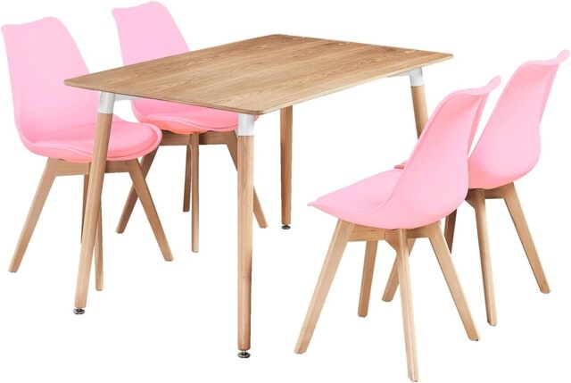 5-Piece Halo Dining Set (Oak Table + 4 Jamie Lorenzo Tulip Chairs) - Pink