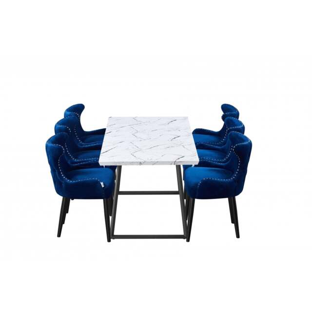 Toga Oxford LUX Dining Set - Toga Extendable White Dining Table w/ a Set of 6 Oxford LUX Velvet Dining Chairs - Blue