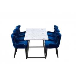 Toga Oxford LUX Dining Set - Toga Extendable White Dining Table w/ a Set of 6 Oxford LUX Velvet Dining Chairs - Blue