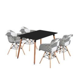5PCs Dining Set - a Black Halo Dining Table & Set of 4 Black/White Patchwork Accent Chairs - thumbnail 1