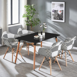 5PCs Dining Set - a Black Halo Dining Table & Set of 4 Black/White Patchwork Accent Chairs - thumbnail 2