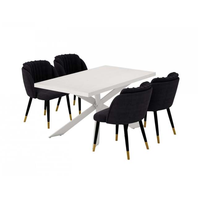 Milano Duke LUX Dining Set - a White Dining Table & 4 Velvet Dining Chairs with Gold End Caps - image 1