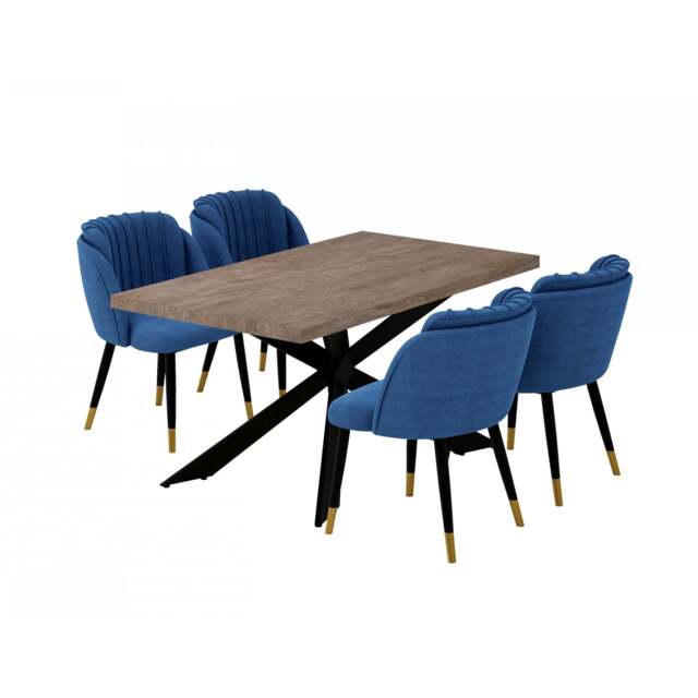 Milano Duke LUX Dining Set - a Walnut Dining Table & 4 Velvet Dining Chairs with Gold End Caps - Blue