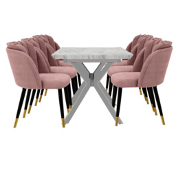 Milano Blaze LUX Dining Set - a White EXTENDABLE Dining Table & 6 Velvet Dining Chairs with Gold End Caps - Pink