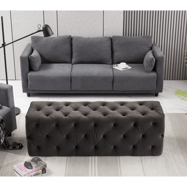 Melia Velvet Ottoman Bench - Charcoal