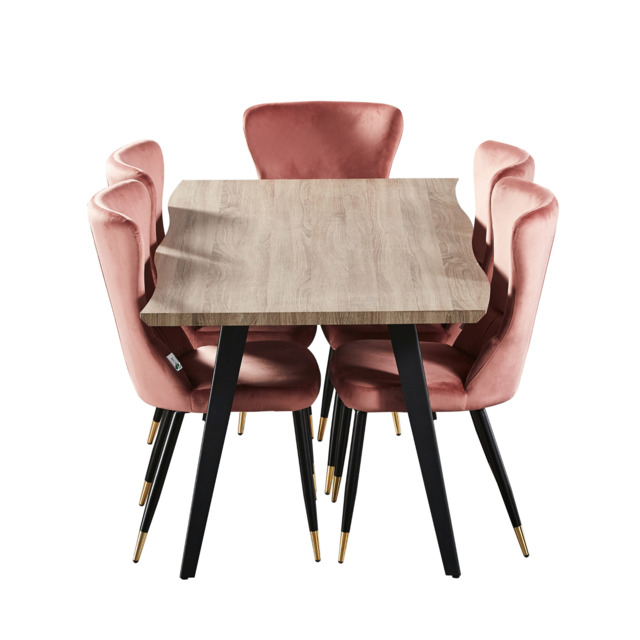 7 Pieces New York Rocco Dining Set - a Walnut Rectangular Dining Table and Set of 6 Green Dining Chairs - Pink