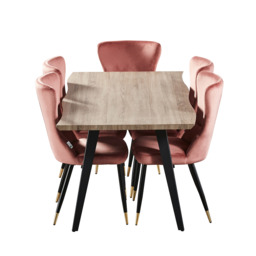 7 Pieces New York Rocco Dining Set - a Walnut Rectangular Dining Table and Set of 6 Green Dining Chairs - Pink