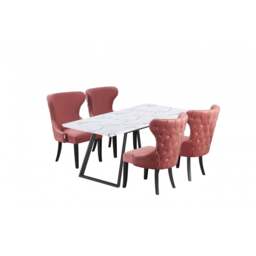 Toga Mayfair LUX Dining Set - Toga Extendable White Dining Table w/ a Set of 4 Mayfair LUX Velvet Dining Chairs - Pink / White
