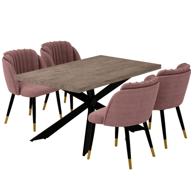 Milano Duke LUX Dining Set - a Walnut Dining Table & 4 Velvet Dining Chairs with Gold End Caps - Pink