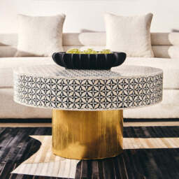 Black and White Round Geometric Bone Inlay Coffee Table with Gold Finish Base, Fusion - thumbnail 1