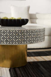 Black and White Round Geometric Bone Inlay Coffee Table with Gold Finish Base, Fusion - thumbnail 6
