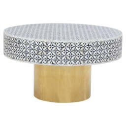 Black and White Round Geometric Bone Inlay Coffee Table with Gold Finish Base, Fusion - thumbnail 2