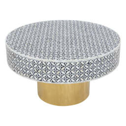 Black and White Round Geometric Bone Inlay Coffee Table with Gold Finish Base, Fusion - thumbnail 4
