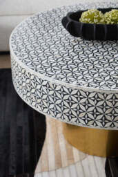 Black and White Round Geometric Bone Inlay Coffee Table with Gold Finish Base, Fusion - thumbnail 5