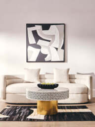 Black and White Round Geometric Bone Inlay Coffee Table with Gold Finish Base, Fusion - thumbnail 3