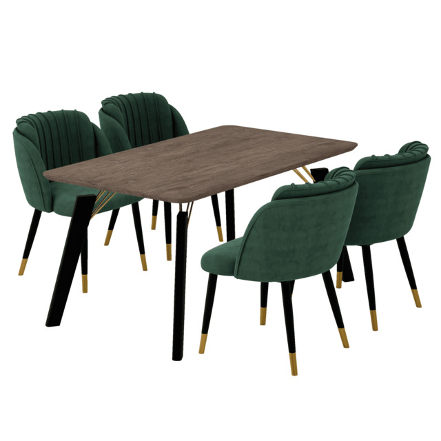 Milano Cosmo LUX Dining Set - a Walnut Dining Table & 4 Dining Chairs with Gold End Caps - Green