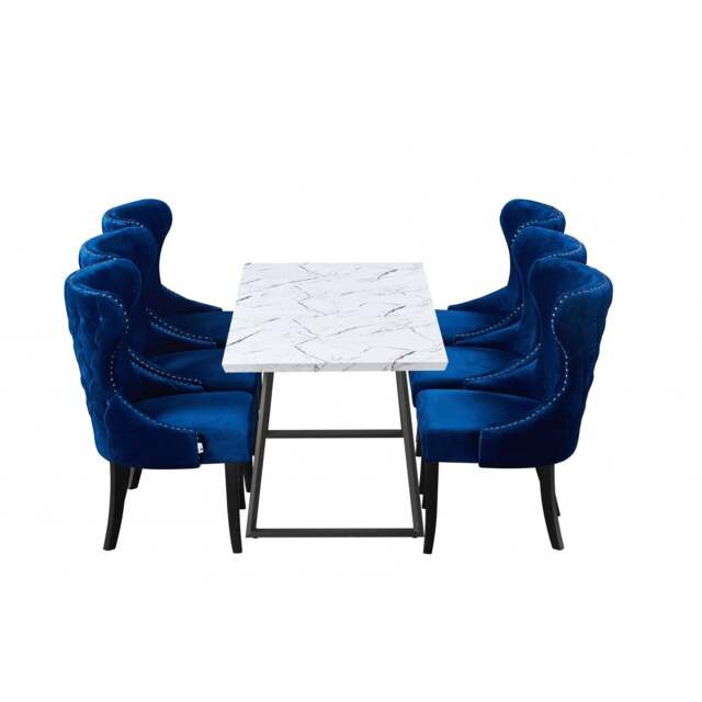 Toga Mayfair LUX Dining Table Set - Toga Extendable White Dining Table w/ a Set of 6 Mayfair LUX Velvet Dining Chairs - Royal Blue