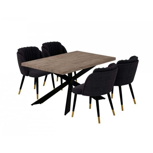 Milano Duke LUX Dining Set - a Walnut Dining Table & 4 Velvet Dining Chairs with Gold End Caps - Black