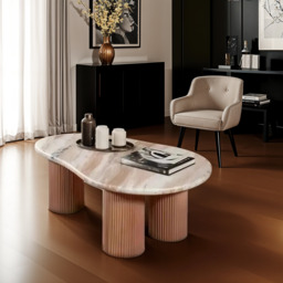 Bundi Natural Marble & Wood Pedestal Coffee Table - thumbnail 1