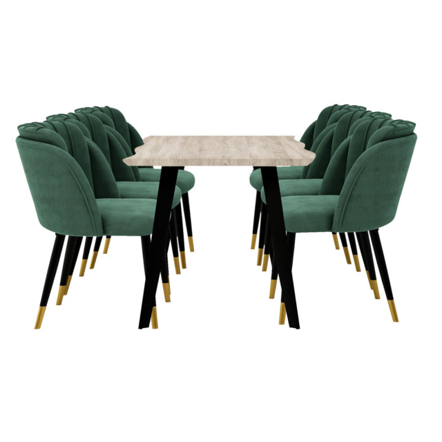 Milano Duke LUX Dining Set - a Light Walunt Dining Table & 6 Velvet Dining Chairs with Silver End Caps - Green
